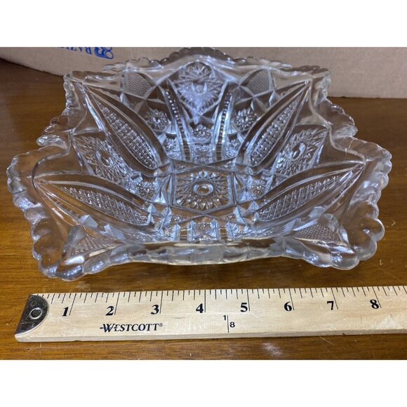 Vtg Pressed Glass Serving Bowl Scalloped Edge Hobstars Pineapple - Picture 8 of 14